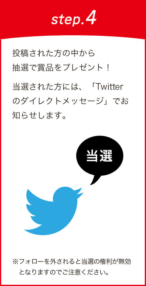 投稿された方の中から抽選で賞品をプレゼント！当選された方には、「Twitterのダイレクトメッセージ」でお知らせします。